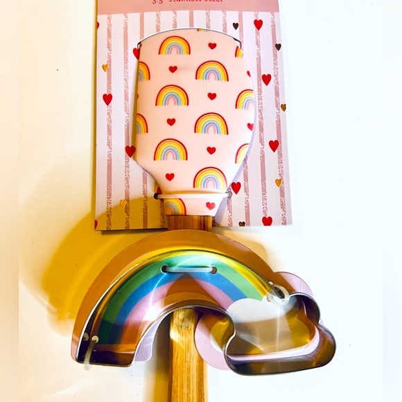 Pink Hearts & Rainbows Pointed Spatula + Steel  Rainbow Cloud Cookie Cutter - Picture 1 of 5